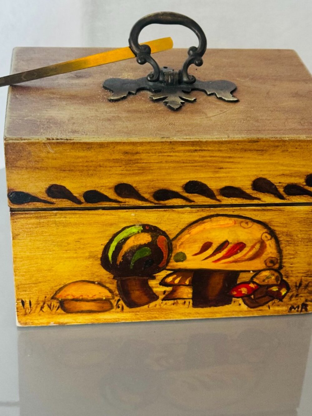 MCM Mushroom Hinged Trinket Box Small Wooden Chest Folk Art Rustic Woodland